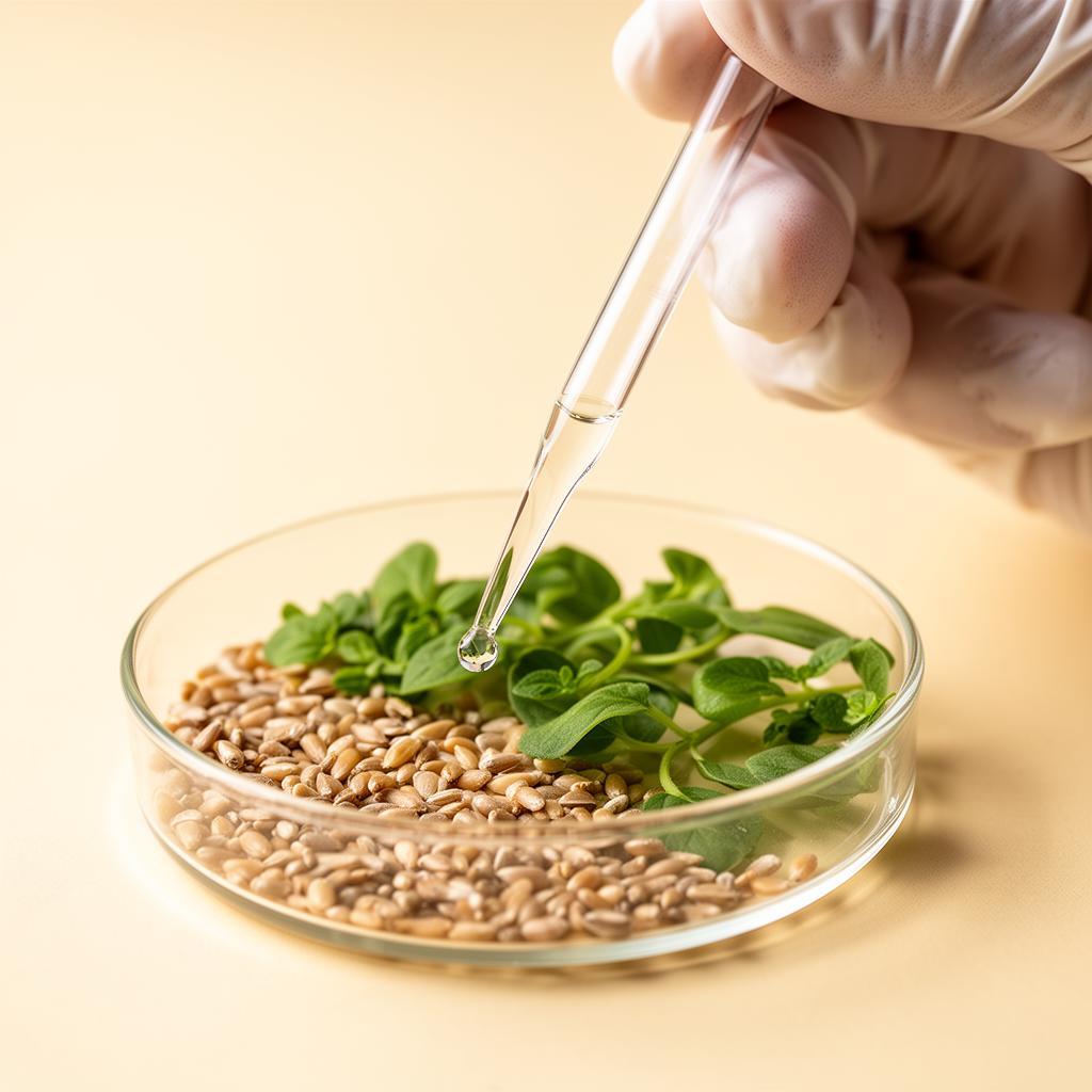 Fresh herbs, grains, and lab beakers on a cream linen surface